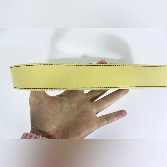 1980’s Butter Yellow Wide Genuine Leather Belt with Double Prong Silver Buckle - Picture 5 of 7